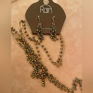 NWT Rain Collection Bronze, Seed Crystal Lariat Necklace & Earrings Set - Fun!